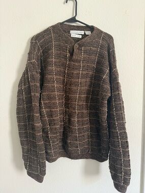 Geoffrey Beene Brown Windowpane Crewneck Sweater